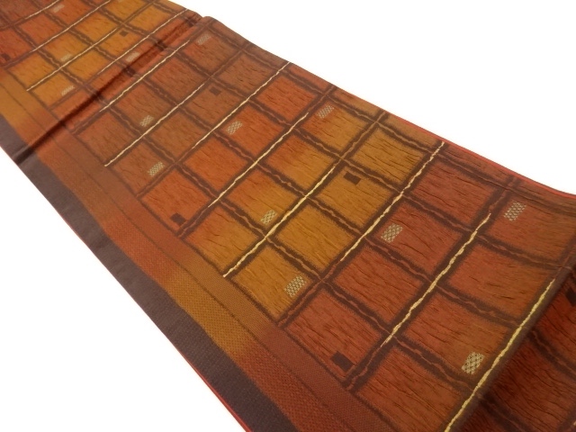 ふくれ織格子模様織出し全通袋帯